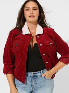 Corduroy Sherpa Collar TruckerCorduroy Sherpa Collar Trucker, RHUBARB Lucy And Yak Corduroy Jacket, Bdg Cord Jacket, Trucker Jacket Outfit Women, Trucker Jacket Outfit, Red Jacket Women, Red Denim Jacket, Fall Winter Jacket, Red Denim, Oasis Fashion