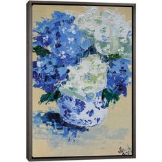 a painting of blue and white flowers in a vase