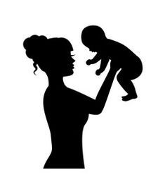 a woman holding a baby up in the air with her hand on her head, silhouetted