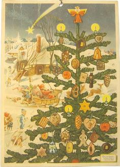 an old fashioned christmas card with a tree on the front and other decorations around it