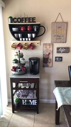 the coffee bar is set up with cups and plates