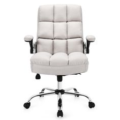 a white office chair with wheels and arms on an isolated white background, viewed from the front