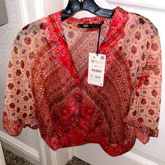 Never Worn! Tags Still On! Beautiful Material! Bought In 2019 Bohemian Red Tops With Buttons, Red Bohemian Blouse With Buttons, Bohemian Red Button-up Top, Cream Design, Zara Tops, Button Downs, Button Down Shirt, Zara, Womens Tops