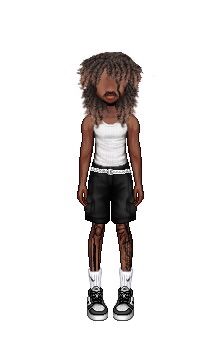 an animated image of a person with long hair and black shorts, standing in front of a white background