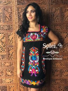 Mexican Colorful Embroidered Dress. Beautiful Traditional image 3 Multicolor Embroidered Dress For Spring, Spring Multicolor Embroidered Dress With Intricate Details, Multicolor Cotton Dress With Intricate Embroidery, Multicolor Cotton Dress With Embroidered Neckline, Summer Embroidered Multicolor Dress, Summer Embroidered Dress With Multicolor Embroidery, Multicolor Cotton Embroidered Dress With Embroidered Hem, Multicolor Summer Dresses With Machine Embroidery, Multicolor Fitted Cotton Embroidered Dress