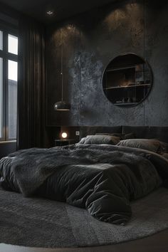 a large bed sitting next to a window in a room with dark colored walls and flooring