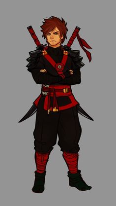 the character is dressed in black and red with two swords on his shoulders, while he stands