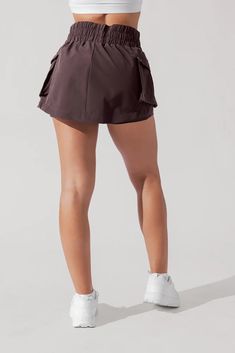 Hiking Superskort™ - Pecan – POPFLEX® Casual Brown Skort With Pockets, Sporty Brown Shorts With Pockets, Functional Sports Skort With Side Pockets, Casual Workout Skort With Pockets, Casual Sports Skort With Pockets, Sporty Nylon Skort With Pockets, Casual Nylon Skort With Pockets, Casual Outdoor Skort With Pockets, Cassey Ho