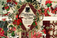 christmas and alice digital paper pack for scrapbooking, cards, etc - 12 designs