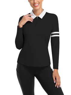 Ladies Long Sleeve Golf Polo - Black Golf Shirt Moisture Wicking Long Sleeve Shirt Half Zip Pullover Athletic Sporty Collared Tops For Fall, Athleisure Long Sleeve Tops For Workwear, Sporty Fall Tops For Work, Womens Thermal, Going For Gold, Sweat It Out, Coconut Tree, New Star, Top For Women