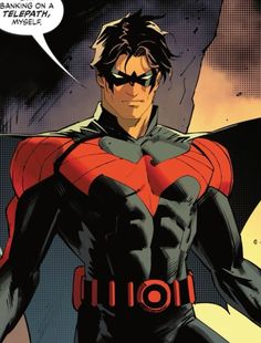 a man in a red and black suit with a speech bubble above him that says, i'm not batman