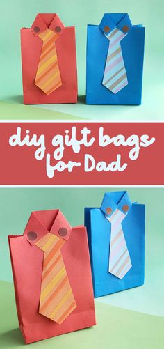 folded paper bags with ties on them and the words diy gift bags for dad