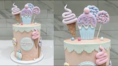 two pictures of a cake with ice cream and icing on it, one is pink and the other is blue