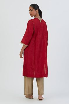 Red silk kurta featuring thread embroidered floral motifs on bodice highlighted by sequin embellishments. Comes with pant. - Aza Fashions Red Cotton Silk Palazzo Set With Straight Kurta, Red Cotton Palazzo Set With Chikankari Embroidery, Elegant Red Salwar Kameez With Embroidered Border, Red Cotton Silk Straight Kurta, Red Cotton Palazzo Set With Zari Work, Red Cotton Silk Kurta With Zari Work, Red Chanderi Straight Kurta, Red Cotton Palazzo Set With Traditional Drape, Red Cotton Silk Traditional Wear With Embroidered Border