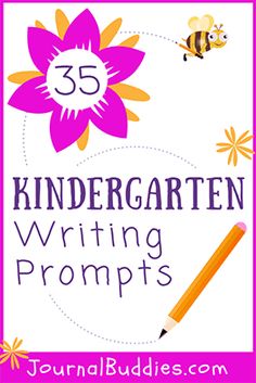 a pink and yellow flower with the words, 35 kindergartn writing prompts