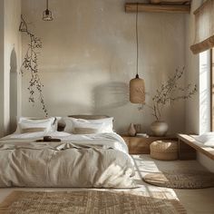 A Japandi bedroom showcasing the wabi-sabi concept, with handcrafted decor pieces like a hand-thrown ceramic vase, a woven wall hanging, or a piece of driftwood, celebrating the beauty of imperfections and the unique character of handmade items Zen Minimalist Bedroom, Peaceful Bedroom Ideas, Bedroom White Bed, White Boho Bedroom, Japandi Room, Yoga Bedroom, Bedroom Japandi, Room Color Design, Japandi Bedroom Design