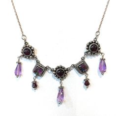 Sterling Silver Amethyst And Dichroic Glass Necklace. Chain Adjustable 17 - 18 " Purple Gem Necklace, Amethyst Necklaces, Bohemian Purple Crystal Necklaces In Sterling Silver, Bohemian Purple Sterling Silver Crystal Necklaces, Elegant Purple Faceted Crystal Necklace, Ornate Purple Gemstone Necklace, Purple Faceted Amethyst Crystal Necklaces, Gothic Jewelry Diy, Eclectic Outfits