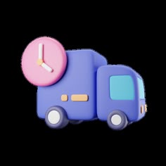 a blue toy truck with a pink clock on it's face