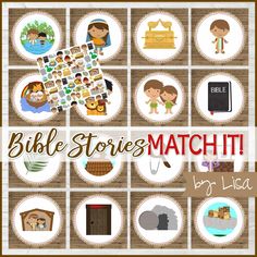 the bible stories match it game is shown with pictures and other items on top of it