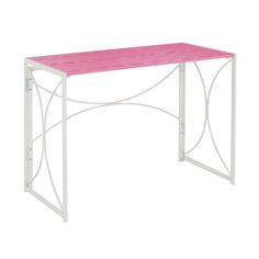 a pink and white desk with an iron frame on the top, in front of a white background