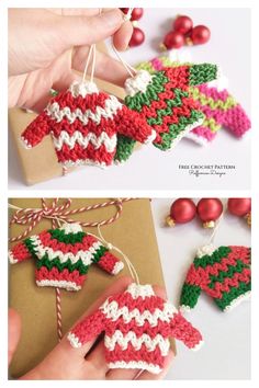 crocheted christmas ornaments are hanging from twine