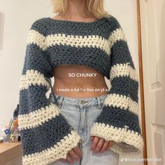 a woman with blonde hair wearing a blue and white crochet cropped sweater that says, so chunky i'm made a bit for this on you