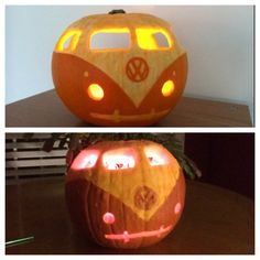 two pumpkins that have been carved to look like a vw bus