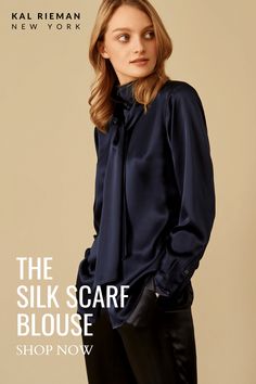 Our best-selling Scarf Tie Blouse is always a fan favorite. Made in beautiful Silk Charmeuse with a removable scarf, this style is a go to for any sophisticated day or evening event; a must-have for every woman's wardrobe. This silk blouse is the perfect addition to your fall fashion wardrobe, ideal for wearing alone, or under a blazer. Shop more fall outfit ideas for women over 40 and business casual outfits now at KAL RIEMAN. Blouse With Scarf, Fall Outfit Ideas For Women, Scarf Blouse, Timeless Fashion Pieces, Capsule Wardrobe Pieces, 40 Fashion, Scarf Tie, Business Casual Outfits For Women, Fall Essentials