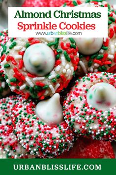 christmas sprinkle cookies with white and green sprinkles on top, surrounded by red and green sprinkles