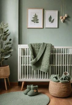 a baby's room with green walls and rugs on the floor, two pictures hanging above