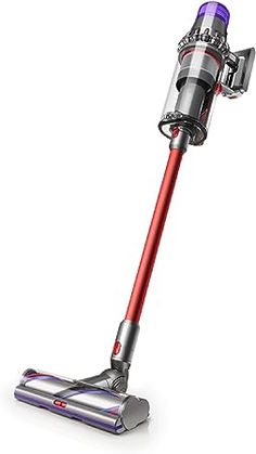 a red and silver vacuum cleaner on a white background