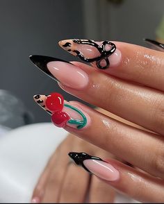 Short Nail Designs Fall 2024, Cherry Wine Nails With Design, Nail Tech Pfp, Cherry Inspired Nails, Funky Acrylic Nails, Cherry Nails Acrylic, Winter Almond Nails, Pedicure Aesthetic, Nessa Nails