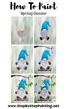 step by step instructions to paint a gnome on a tree branch with text overlay that says how to paint spring gnomes