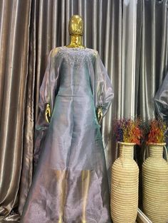 Floor-length sheer organza caftan with blue sheen. Has rhinestones on the top and puffed long-sleeves. One size fits most. Approximately 57" long Puffed Long Sleeves, Floor Length, Dress Clothes For Women, Favorite Outfit, Art Collection, Dress Outfits, Bathing Beauties, Womens Dresses, Long Sleeve