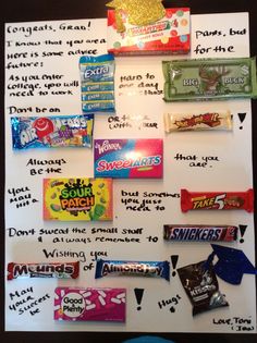 a bulletin board with candy on it and writing about the different types of candys