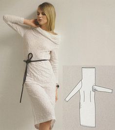 a woman standing next to a drawing of a white dress with a black tie around the waist