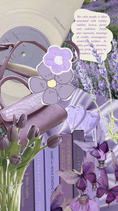 a collage of purple flowers and books