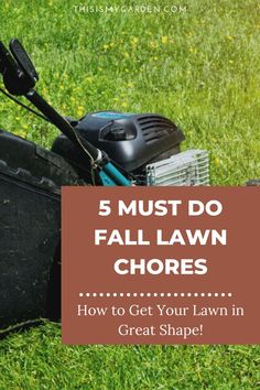 a lawn mower sitting in the grass with text overlay that reads, 5 must do fall lawn chores how to get your lawn in great shape