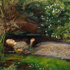 a painting of a woman laying on the ground next to a river with flowers in her hair