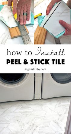 how to install peel and stick tile in the kitchen with pictures overlaying it