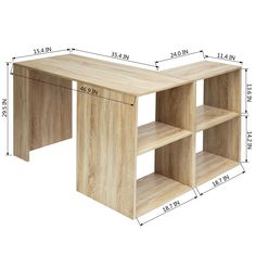 a wooden table with three shelves on each side and measurements for the top shelf below