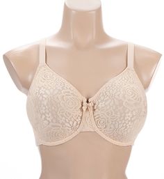 A lovely lace bra that fits like it was made for you. The lace is softer than our previous version for total wearing comfort. The nylon/spandex knit stretches to comfortably embrace the individual shape of your breasts. Seamless underwire cups are unlined (unpadded), with a microfiber interior to give a natural shape and look, and excellent level of comfort. Stretchy molded cups provide a custom fit for each breast. A great solution if you're not quite even. Engineered lace cups are invisible un Beige Lace Bra Comfortable, Full Cup Lace Bra With Stretch, Stretch Lace Full Cup Bra, Beige Lace Bra With Lace Closure, Beige Lace Underwire Bra, Lace Underwire Bra With Stretch, Cream Lace Underwire Bra, Beige Lace Stretch Bra, Beige Stretch Lace Bra