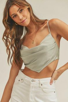 Sage Satin Top - Cowl Neck Top - Crop Top - Top | Boho Pink Trendy Satin Cami Top, Spring Satin Finish Tops For Night Out, Spring Night Out Satin Top, Spring Night Out Satin Finish Tops, Green Cami Top Outfit, Sage Top Outfit, Cross Top Outfit, Bohemian Barbie, Satin Top Outfit