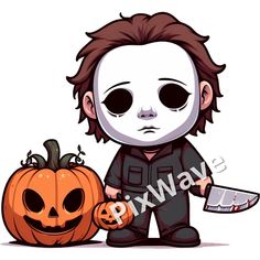 a cartoon character holding a knife next to a pumpkin