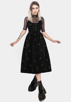 Osmunda Fern Embroidered Lace Up Midi Pinafore Dress Midi Pinafore Dress, Stretch Denim Fabric, Rounded Square, Pinafore Dress, The Wilderness, Embroidered Denim