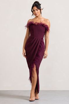 Cosmo Burgundy Bandeau Feather Corset Split Maxi Dress – Club L London - USA Feather Corset, Cosmo Cocktail, Bottomless Brunch, Black Dress Prom, Black Tie Gala, Strapless Bandeau, Corset Bodice, Skirt Maxi, Split Maxi Dress