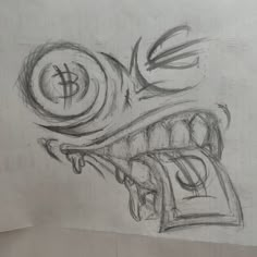 a drawing of a dragon's head with money coming out of its mouth and eyes