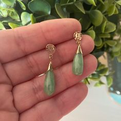 (#5) Beautiful Pair Of Earrings. Have The 14kt Hallmark On The Back Of The Earrings And Also On The Posts. 1.25” Length Great Earrings To Add To Your Collection. Weigh 3.6 Grams Green Teardrop Earrings For Pierced Ears, Gift, Green Pierced Teardrop Dangle Earrings, Elegant Teardrop Jade Earrings, Nickel-free Teardrop Jade Jewelry, Nickel-free Teardrop Jade Earrings, Drop Light, Drop Lights, Green Jade, Jade Green