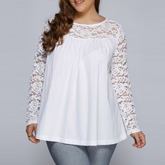 Plus Size Lace Splicing Long Sleeve Blouse - White - 3R11504916 - Women's Clothing  #WomensClothing #Women's #Clothing White Tops For Women, Plus Size Dressy Tops, Blouse Size Chart, Shirt Collar Styles, Fashion Site, Plus Size Lace, Lace Splicing, Blouse Nordstrom, Denim And Lace