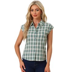 Look no further than this stylish short-sleeved plaid button-down shirt. The relaxed fit and turned-up sleeves make it a perfect choice for casual weekend outings, while the point collar and button closure front give it a touch of sophistication for more formal occasions. The plaid print and buttoned sides add a fun, playful element to this versatile piece. Whether you're running errands, meeting friends, or attending a party or church service, this shirt is sure to become a go-to favorite. Pair Summer Plaid, Tops Short Sleeve, Casual Summer Shorts, Floral Print Blouses, Plaid Shorts, Woven Top, Plaid Tops, Women's Shirts, Red Blouses